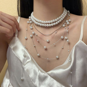 Accessible Luxury Multi-Layer Pearl Twin Necklace Starry Sky Long Silver Beaded Tassel Clavicle Chain Special-Interest Design Necklace