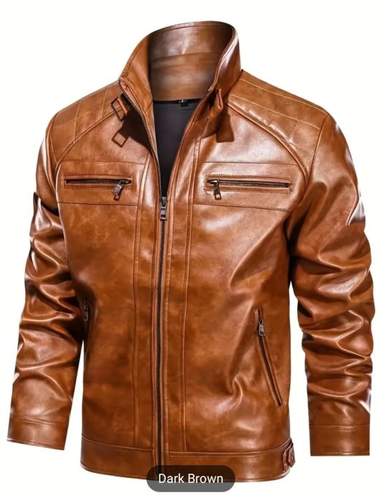 Zipper Pockets PU Jacket, Men's Casual Solid Color Zip Up Stand