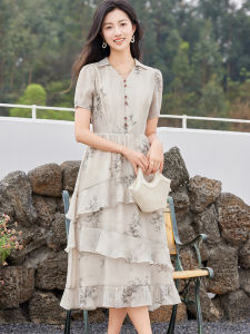 WANGGONGZHU | Summer Floral Print Midi Dress Womens Elegant Tencel Chiffon Long Skirt Waist-Cinching V-neck Short Sleeve Tea Break Gown