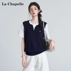La Chapelle | Contrast Splicing Color Fake Two-Piece Design Knit T-Shirt Short Loose Crewneck