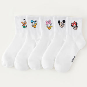 Disney | 5 Pairs of White Cartoon Disney Printed Socks Fashionable Elastic and Comfortable Cotton Socks Suitable for Female Teenagers
