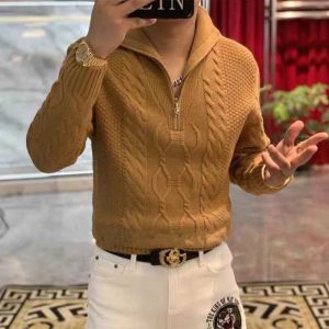 Fashionable High-End Mens Zipper Collar Sweatshirt Casual Slim Fit Autumn New Style Trendy Long Sleeve Knitted Sweater