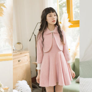 Miss Spring and Autumn New Sweet Pink Plaid Academy Style Doll Collar High Waist All-Matching Woolen Short Coat Top for Women