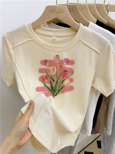 American Style Slim Fit Short Sleeve T-Shirt Womens Summer Design Unique Tightening Irregular Small Top Youth Floral Print round Neck Short Length