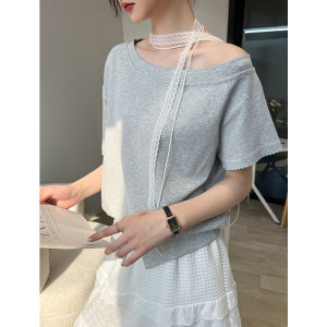 Gray Lace Sash Short Sleeve Womens T-shirt Summer New Style Slim Fit Inner Wear Base Shirt Shoulder Exposure Top Outerwear