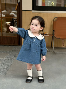 Autumn Style Girls Dress Cute Loose Doll Collar Long Sleeve Soft Denim Skirt Fashionable Princess Dress Trendy Childrens Clothing