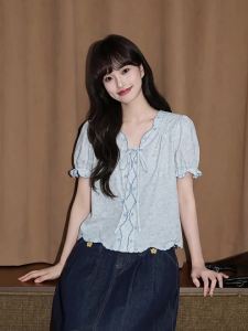ZISUO | V-Neck Floral Short-Sleeve Tie Front Puff Sleeve Womens Shirt