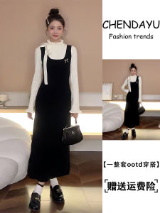 Chen Dayu 2025 New Elegant Black Halter Neck Dress Womens Autumn Winter Knitted Long Sleeve Midi Dress with Sash Natural Waist