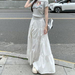 PM✿ 2025กระโปรงสีขาวเอวสูง กระโปรงยาวผู้หญิง กระโปรงเค้กรูปตัว A กระโปรงวรรณกรรมและศิลปะ