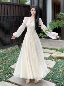 French Style Lace Dress Womens Winter Fashion Unique Beautiful Waist-Cinching Long Skirt Elegant Classy Cotton Blend Long Sleeve