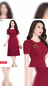 Đầm Đỏ Mận Kết Hoa Cườm Thủ Công Cao Cấp DL911 Đầm Dự Tiệc Tuổi Trung Niên
