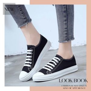 NDDshop 👟🖤รองเท้าผ้าใบสไตล์สาวสุดเท่ ดีไซน์เรียบๆสีดำสุดคลาสสิค ทรงฮิตตลอดกาล 🚫✨ห้ามพลาดเลยน๊าทุกโคนนนน