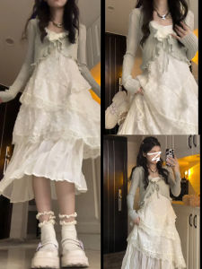 Sweet Strap Long Dress Set Womens Autumn Winter New French Style Elegant Super Beautiful Cake Skirt High Waist Polyester Fiber