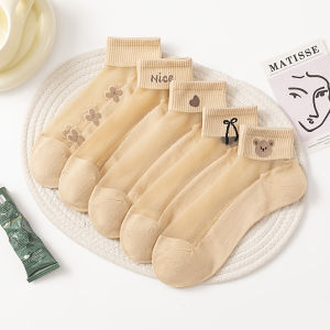 Womens Breathable Short Socks Ultra Thin Cotton Ice Silk Lace Trim Transparent Pure Cotton Bottom Spring Summer Thin Stockings