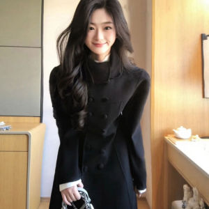 CHANGTONG | Korean Style Waist Cinching Black Wool Coat
