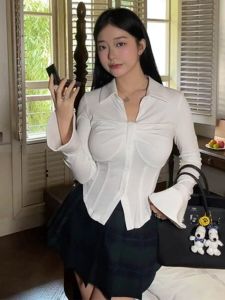 plus Size Womens Shirt Slim Fit Long Sleeve Knot Fishbone Single Button Inner Wear Spring Fashion Casual Korean Style POLO Neck