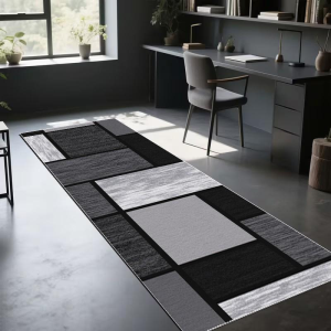 VIKAMA Geometric Runner Rug Black Gray Rectangular Block Pattern Long Floor Mat For Hallway Corridor Home Decor