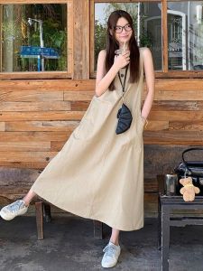 Váy Vest Không Tay Cổ Tròn Màu Kaki Cho Nữ Mùa Hè Váy Dài Rộng Rãi Thoải Mái Phong Cách Công Sở Váy Chữ a