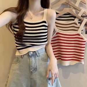 LNR Shop Tanktop Motif Garis Salur Striped Slim Knit Dalaman Kamisol Camisole Seamless Bra Wanita Remaja Dewasa untuk Olahraga Lari Yoga Dirumah BH Dalaman Sport Bra Kasual Tanpa Lengan Singlet Tanpa Kawat
