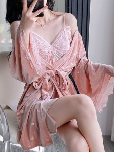 Victoria Queen Velvet Đồ Ngủ Có Miếng Lót Ngực Nữ Gợi Cảm In Hình Bướm Khoét Hở Tay Dài Ngắn Ngắn Đầm Bộ Áo Dây Giải Trí Tại Nhà