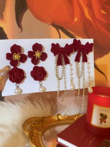 Cổ Điển Nhung Đỏ Năm Mới Bông Tai Cho Phụ Nữ Khuyên tai thanh lịch Bông Tai Giáng Sinh Phụ Nữ Thời Trang Khuyên tai tròn