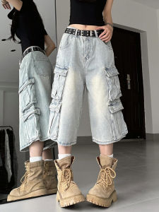 Giữa Eo Ống Rộng Denim Capri Quần Nữ Phong Cách Retro Mỹ Dáng Rộng Với Nhiều Túi Áo Dạo Phố Cho Mùa Hè