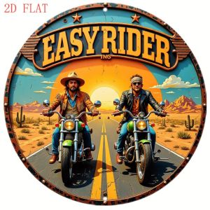 Vintage 8in Aluminum Round Wall Art Biker Desert Road Sign - Rustproof Metal Decor for Garage