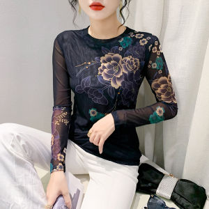 Thời trang lưới áo sơ mi in hình quá khổ đẹp của phụ nữ t-shirt ôm dáng thanh mảnh nửa cổ cao áo phong cách hoài cổ