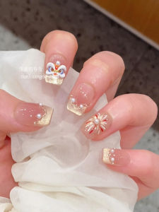 Handmade New Years Short Wearable Nail Art Lion Dance Fireworks Cats Eye French Style Celebration White Enhancing Nail Tips