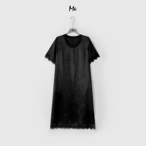 ME 100% Acetate Black Lace Casual Dress High Waist A-Line Skirt Short Sleeve round Neck Summer Fashion Ladies Dress