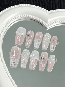 10 Pieces of Trapezoidal Pink Gradient French-Style Handmade Nails Pink Fresh Bowknot Plaid Stars Romantic and Cute Removable Wearable Nails Decorated with 3D Cute Bowknots Fresh and Cute Y2K Style Hot-Selling All-Season Model Nail Stickers Suit...