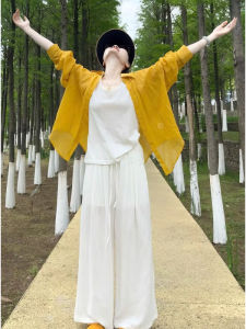 YUEZHONGWEI | เสื้อเชิ้ตผู้หญิงแขนยาวบางป้องกันแสงแดดสีเหลืองสไตล์ฝรั่งเศส ทรงหลวม ปกเสื้อเปิด ผ้าลินิน ผ้าไหม ทรงบาง สำหรับฤดูร้อน