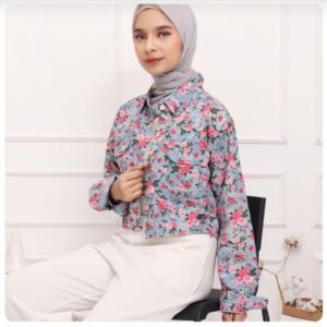 ●ECLAIRE● 003 Jacket Crop Jeans Lengan Panjang Longsleeves Pocket Motif Flower Floral Bunga Korea Kasual Casual Santai Liburan Mode Modis Import zoiz