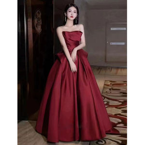 Bride-to-be Satin Gown with Belt Slimming French Evening Dress Princess Skirt Long Sleeve KTV Wedding Party Performance Womens Fashion