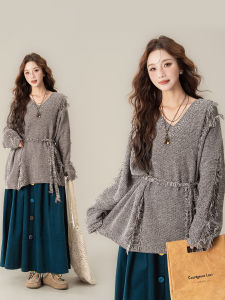 Áo Sweater Len Cổ V Viền Xỏ Dây Phong Cách Thư thái Ôm Sát cho Nữ Thu