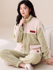 MiiOW | Thickened Flannel Sleepwear Womens Autumn Winter Home Clothes Set Warm And Wearable Outdoors Long Sleeve Zipper Closure Casual
