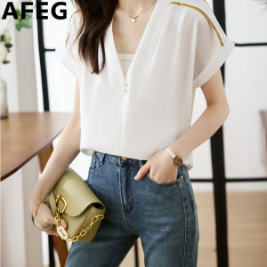 AFEG solid color Korean V-neck fashion loose temperament chiffon short-sleeved blouse for women