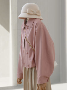 สีชมพูสั้น ปกเสื้อ Pu เสื้อแจ็คเก็ตหนัง ผู้หญิง หลวม Fit Biker เสื้อโค้ท หวาน สไตล์อ่อนเยาว์ฤดูใบไม้ร่วงมาใหม่แฟชั่นแจ๊กเก็ต