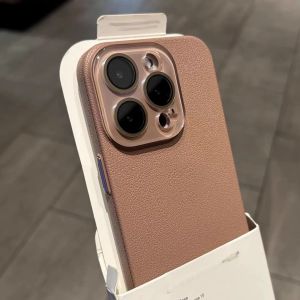 Luxury Crystal Lens Protect Lychee Texture Leather Phone Case For iPhone 16 15 14 13 12 11 Pro Max Plus Shockproof Hard PC Cover