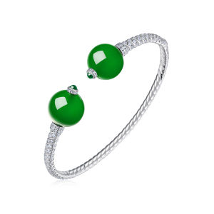 AILEQ | Natural Chalcedony and 925 Silver Double Dragon Bangle