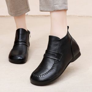 Comfortable Soft Leather Flat Bottom Short Boots Large Size Womens Shoes Mom Shoes Cotton Shoes Women Fleece Lined Flat Bottom Boots