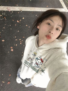 Pure Cotton American Retro Grey Hoodie Womens New Popular Design Lazy Outerwear Loose Fit Printed Drawstring Kangaroo Pocket