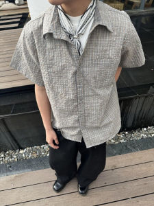 Gray Bubble Cloth Plaid Short Sleeve Mens Shirt Summer Unique Design High-End CleanFit Shirt Jacket Loose Fit Teenager Casual