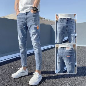 ROMON | Romon Mens Slim Fit Jeans Spring Summer New Style Korean Version Fashionable Hole Punching Trendy Brand Elastic Long Pants