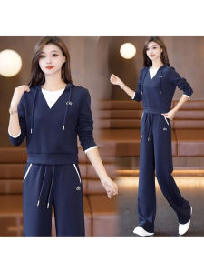 Elegant Fashionable Womens Spring Autumn Wide Leg Pants Hoodie Set High Waist Two Piece Suit Casual Comfortable Cotton Wear