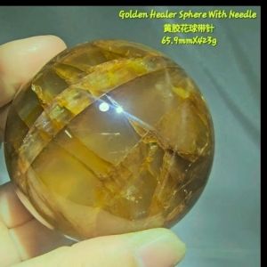 Golden Hematoid Sphere with Needle /Yellow Hematoid Quartz crystal Sphere / 黄胶花带针水晶球