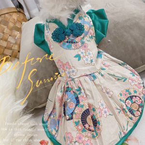 Flower Chinese Style Dress Pet Clothes Dog Clothing Cotton Linen Spring and Summer Cute Princess Poodle Bichon