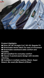 Gilford Men’s Stretchable Jeans – Straight Cut (28–38) & Regular Fit (40–50) | Soft Comfort Denim