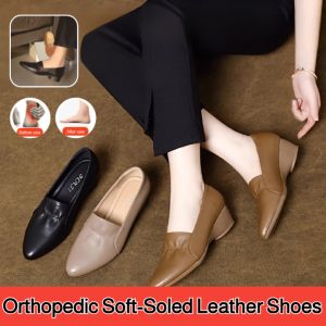 Orthopedic Soft-Soled Leather Shoes Women Heel Shoes 4.5cm Pointed Toe Leather Shoes Non-Slip Comfortable Shallow Shoes 34-41