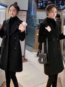 Black Suit Collar Mid Length Long Length Woolen Overcoat Womens Clothes Fall and Winter New Arrival Fancy Small Slim Fit Woolen Coat